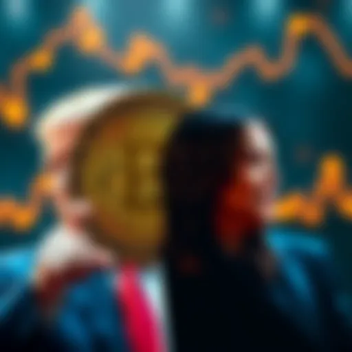 A visual showing Bitcoin symbol with images of Donald Trump and Kamala Harris, representing speculation about their influence on cryptocurrency value.