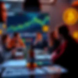 A group of people engaged in a heated discussion about Bitcoin's value, with charts and graphs displayed on a table