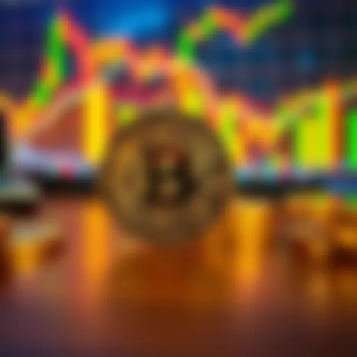 Bitcoin Value Today A close-up of a Bitcoin coin on a wooden desk, with financial graphs in the background showing market trends.