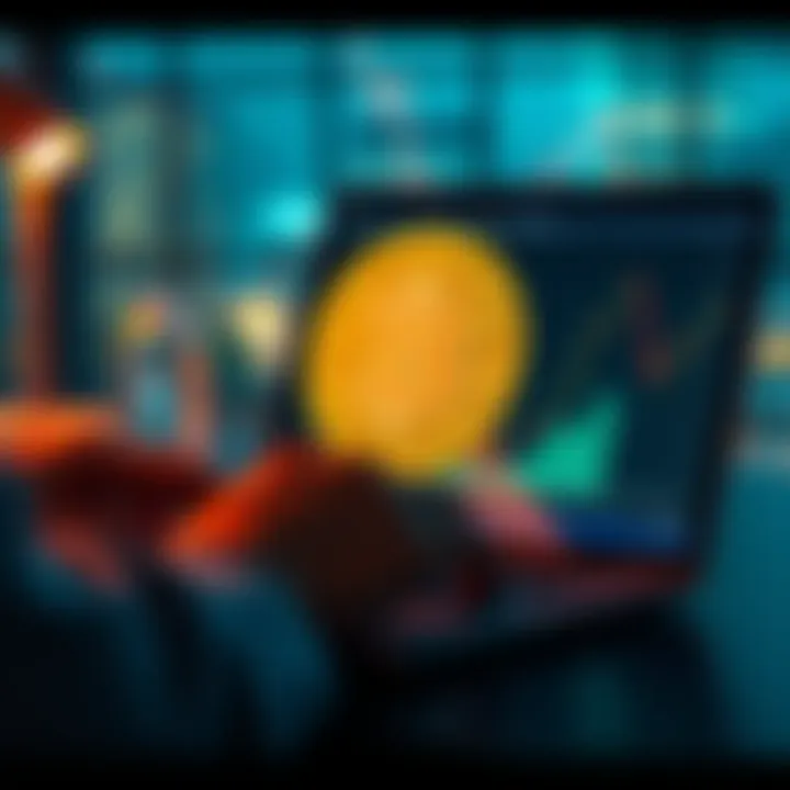 A person setting up their first Bitcoin wallet on a laptop with a digital currency icon on the screen.