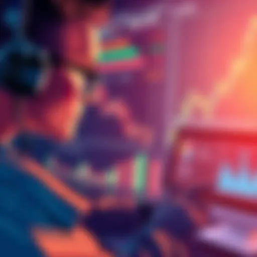 Illustration of a financial analyst looking at data screens showing quantum technology risks, with financial charts in the background.