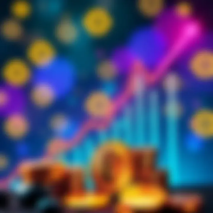 A visual representation of BNB cryptocurrency hitting a new high with a background of Binance stablecoin symbols and a rising graph showing growth.