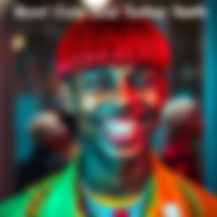 A person sporting a bowl cut hairstyle and exaggerated turkey teeth, smiling in a colorful outfit