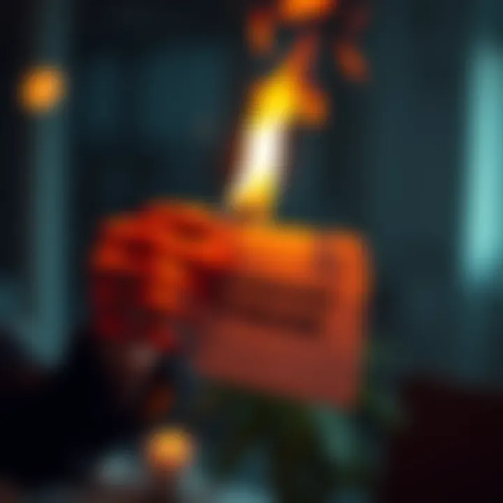 A person holding a lighter to a piece of paper with a mnemonic phrase, flames beginning to engulf it.