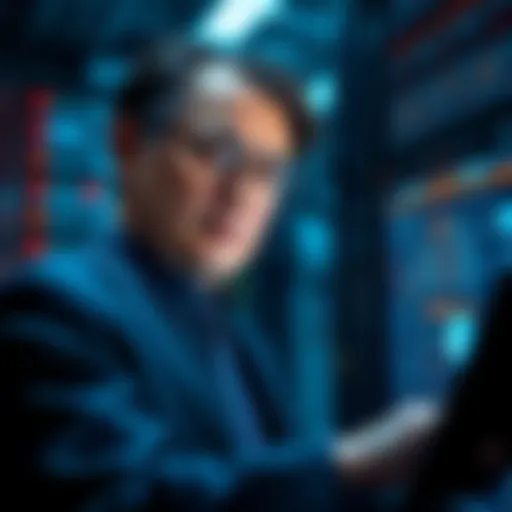 A businessman looking at a quantum computer, contemplating its impact on Corporate America.