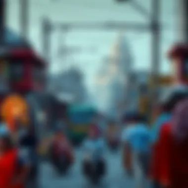 A bustling street scene in India with people and colorful market stalls