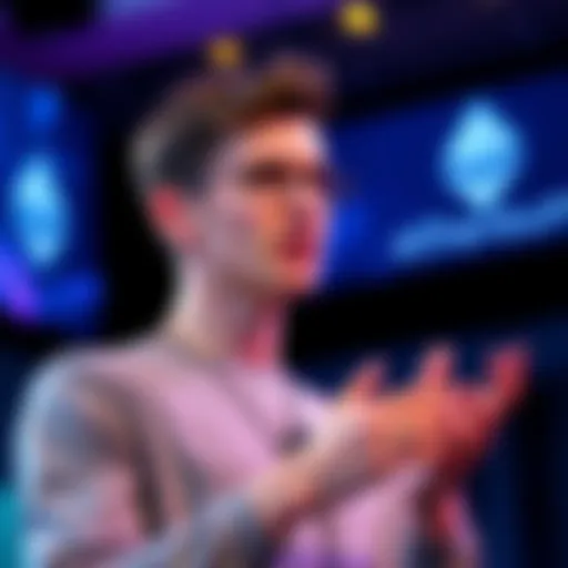 Vitalik Buterin speaking at a conference about reducing Ethereum's gas limit for better efficiency