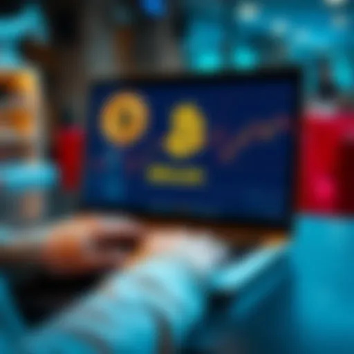 A person using a laptop to purchase Bitcoin without fees, with a digital wallet displayed on the screen.