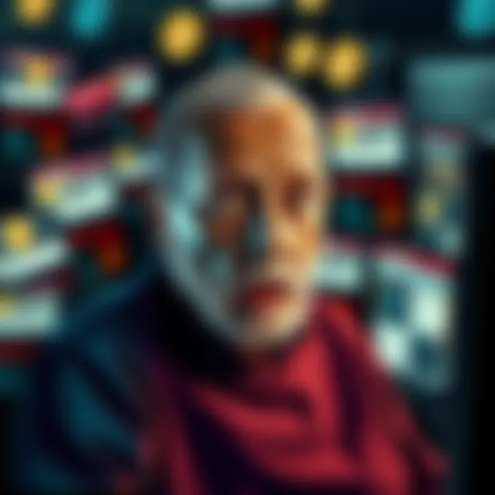 A cancer patient looks shocked while interacting with computer screens filled with meme coin graphics and scam alerts, representing the chaotic world of cryptocurrency.