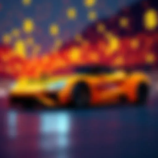 A vibrant sports car with cryptocurrency symbols in the background, representing the fusion of car culture and digital finance.