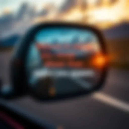 A car side mirror showing a scenic road view with the words 'Objects in mirror are closer than they appear' printed on it