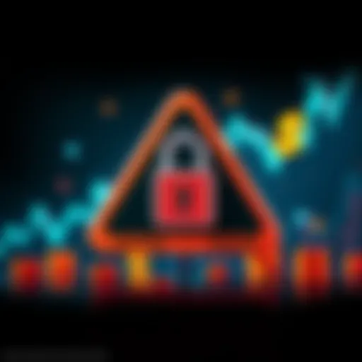 A warning sign symbolizing caution in cryptocurrency trading, featuring a graph showing fluctuating prices, with a locking padlock and dollar signs in the background.
