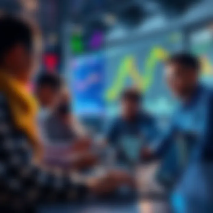 A group of people discussing cryptocurrency trends with laptops and charts, emphasizing safe trading practices.
