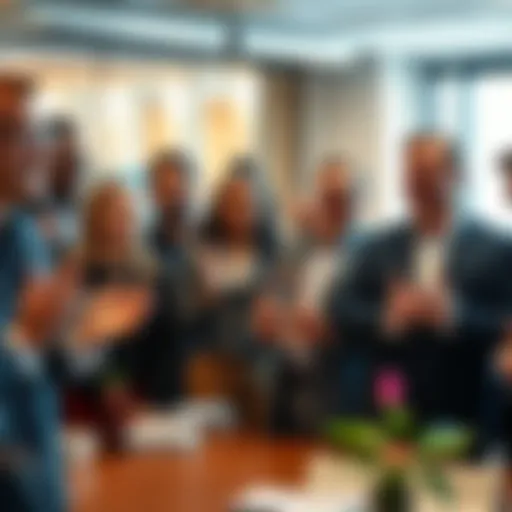 A diverse group of employees smiling and applauding a colleague who is receiving an award in an office setting.