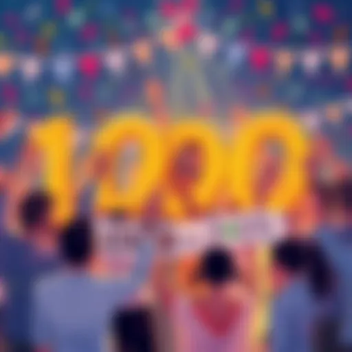 A vibrant illustration showing a group of people celebrating with confetti and banners that say '1000 Posts'.
