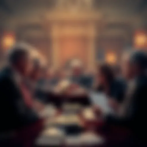 A group of frustrated senators discussing the Deploying American Blockchains Act, surrounded by papers and notes