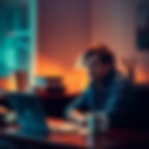 A person reflects on their financial losses in crypto while sitting at a desk with a laptop and a coffee mug, looking thoughtful.