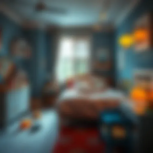 A cozy childhood bedroom with nostalgic decor, featuring a unmade bed and childhood toys scattered around, evoking feelings of homecoming.