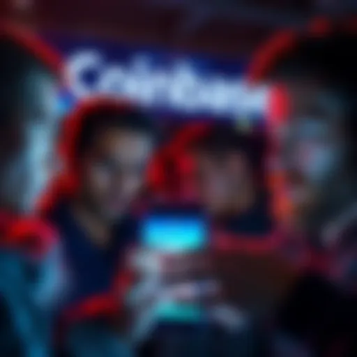 People looking concerned as they check their Coinbase accounts on smartphones, with a message about locked funds on the screen.