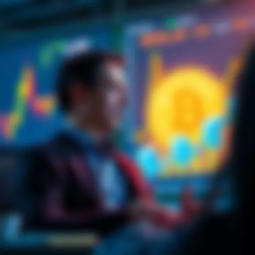 A Coinbase executive talking about the recent $8.6 billion Bitcoin transfer, with charts and graphs in the background showing cryptocurrency trends.