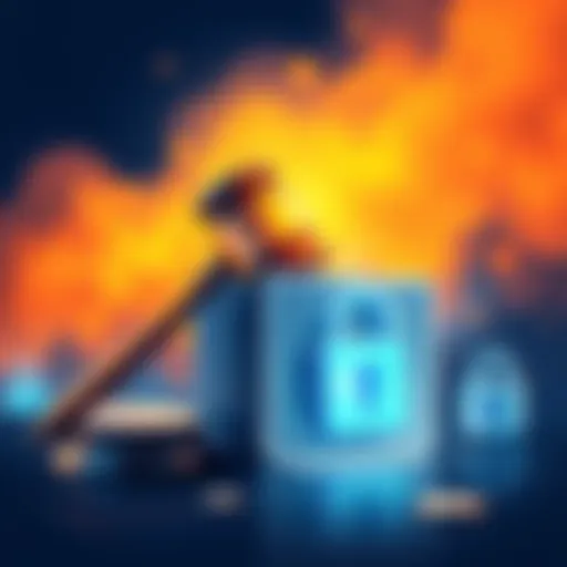 A gavel striking a block with a digital currency symbol and a lock icon representing data security concerns
