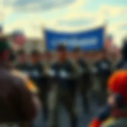 A military parade with soldiers marching, featuring a Coinbase banner in the background, with surprised spectators watching.