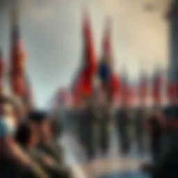 A military parade with flags and soldiers marching, highlighting Coinbase's sponsorship choice amidst a backdrop of disappointed people.