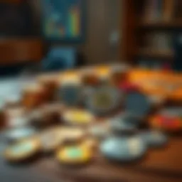 A variety of coins and tokens displayed on a wooden table, showcasing the diversity in the coin market