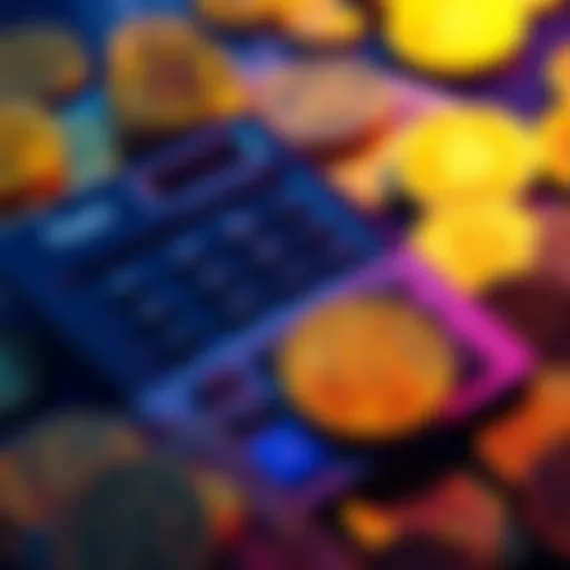A calculator surrounded by shiny coins, illustrating the concept of transaction fees in Bitcoin.