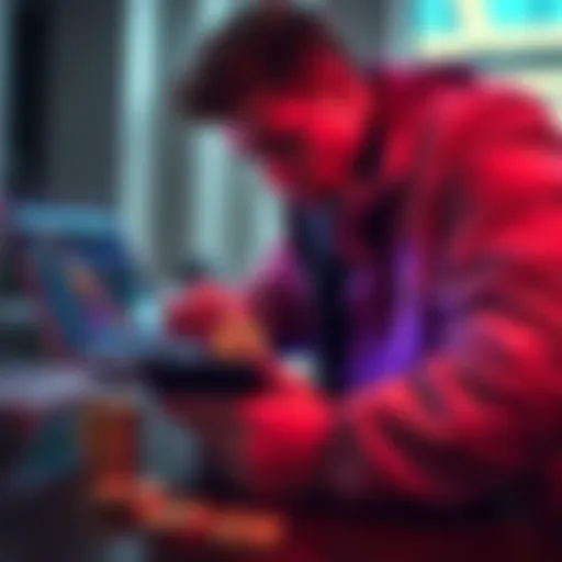 A person examining a cold wallet device used for Bitcoin storage with a laptop and Bitcoin coins nearby.