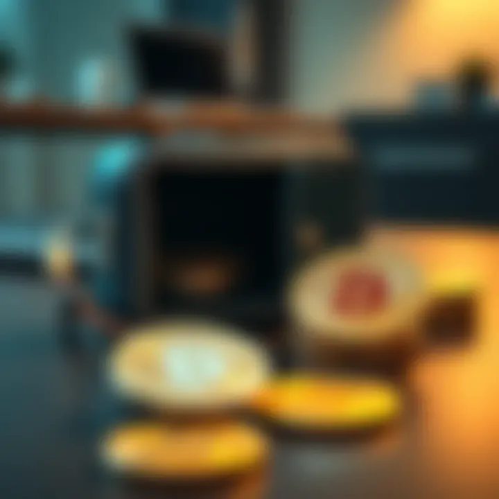 A secure cold wallet device designed for Bitcoin storage, sitting next to Bitcoin coins on a table