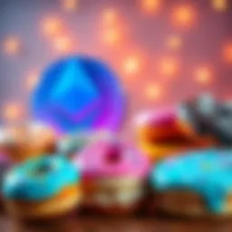 A variety of colorful donuts arranged on a table with the Ethereum symbol in the background, celebrating donut month and rising ETH value.