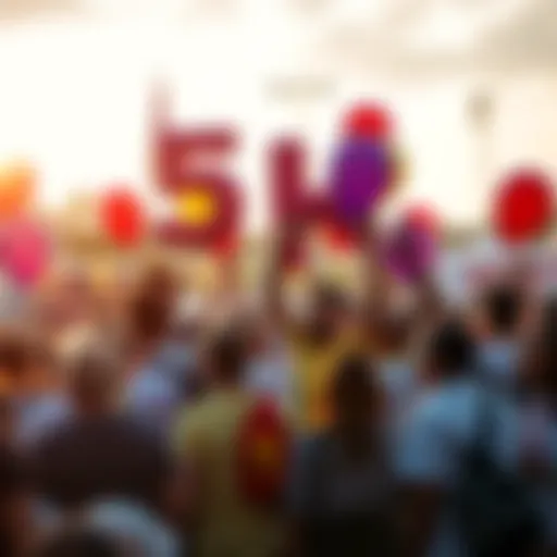 A gathering of people celebrating a milestone with balloons and banners at an outdoor event.