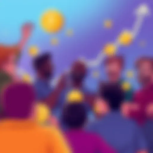 Illustration of a diverse group of people excitedly discussing a new crypto coin, with digital currency symbols around them and a graph showing rising market trends in the background.