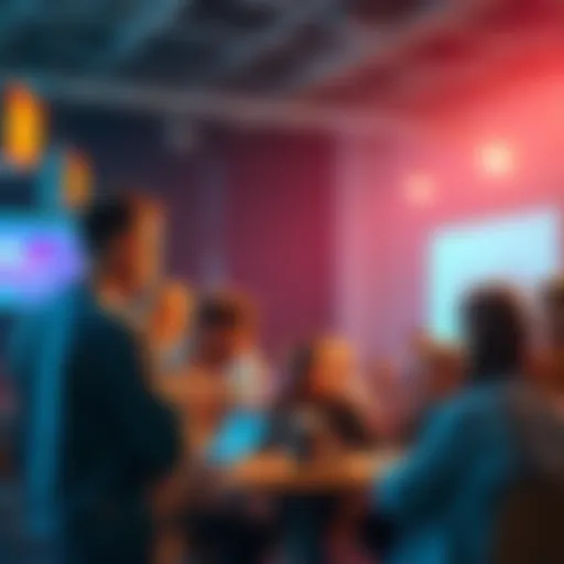 A group of people discussing content creation and sharing ideas in a lively forum setting.