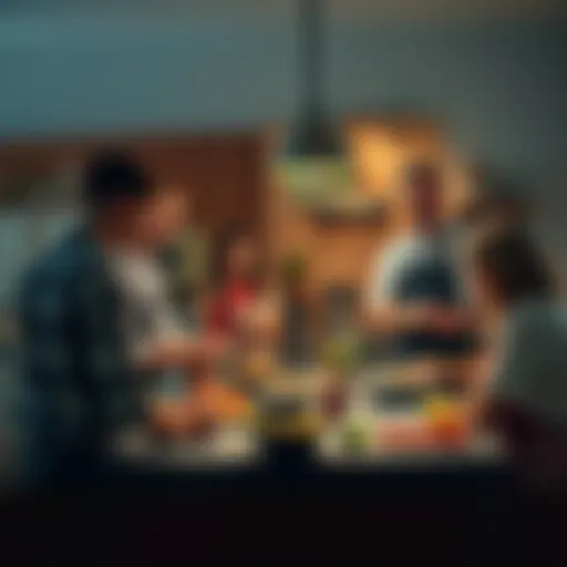 People chatting and sharing recipes around a kitchen counter with food items and cooking tools visible