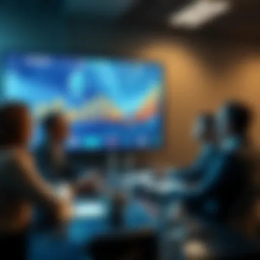 Corporate executives discussing financial strategies with Ethereum graphics on screen