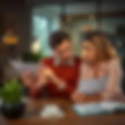 A couple sitting at a table, looking at financial documents with concerned expressions while holding hands, symbolizing trust issues and financial planning