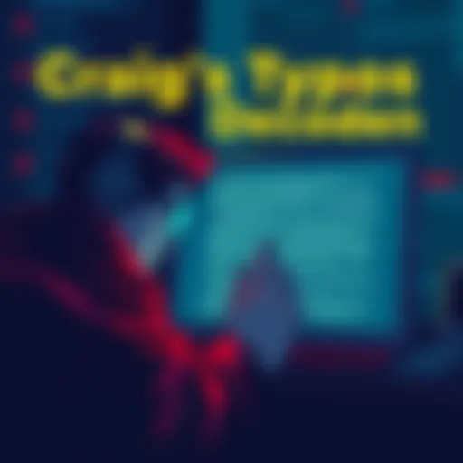 An illustration showing a person analyzing typos with decoding tools and text on a screen, revealing hidden messages in Craig's work.