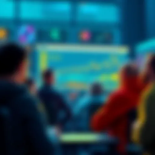 A group of people discussing cryptocurrency trends with charts and graphs on a screen