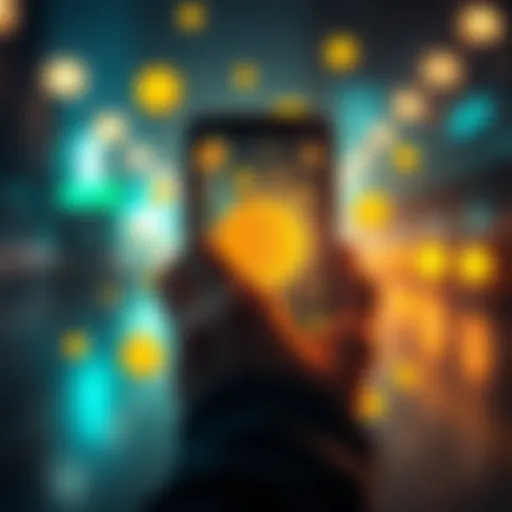 A person using a smartphone to send money with cryptocurrency graphics around them, symbolizing the shift from traditional remittance to digital currency.