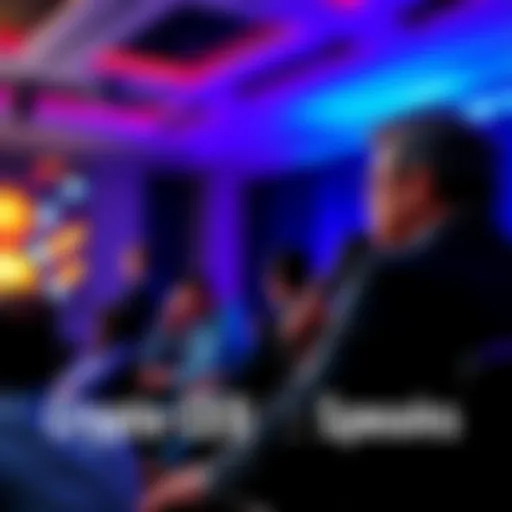 A cryptocurrency CEO shares insights about the industry at a conference, with an audience listening attentively.