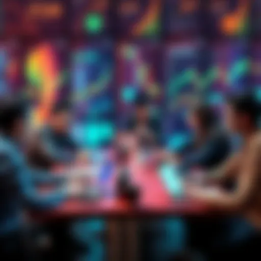 A group of people discussing cryptocurrency trends and tips at a table, with laptops and charts in the background.