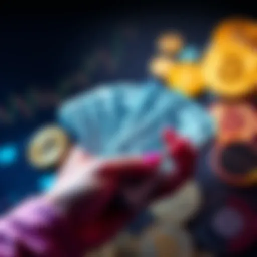 A person holding cash with various cryptocurrency coins in the background, symbolizing investment opportunities.
