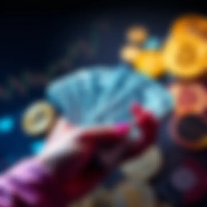 A person holding cash with various cryptocurrency coins in the background, symbolizing investment opportunities.