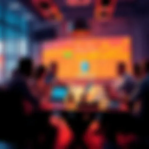 Group of people discussing Ethereum and crypto topics around a table with laptops and charts in the background.