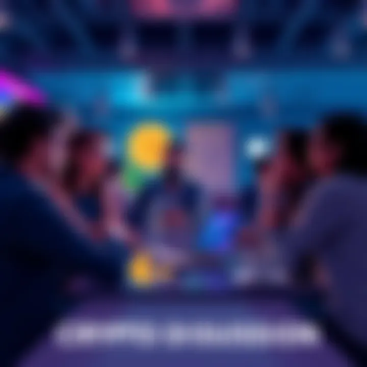 A group of people discussing cryptocurrency in a casual setting, sharing insights and information.