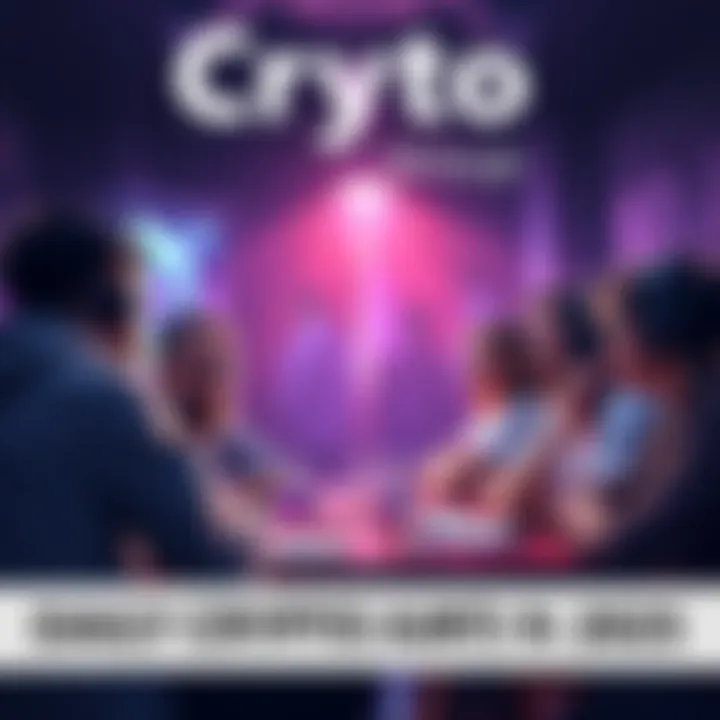 A group of people discussing cryptocurrency trends and trading tips in a casual setting.