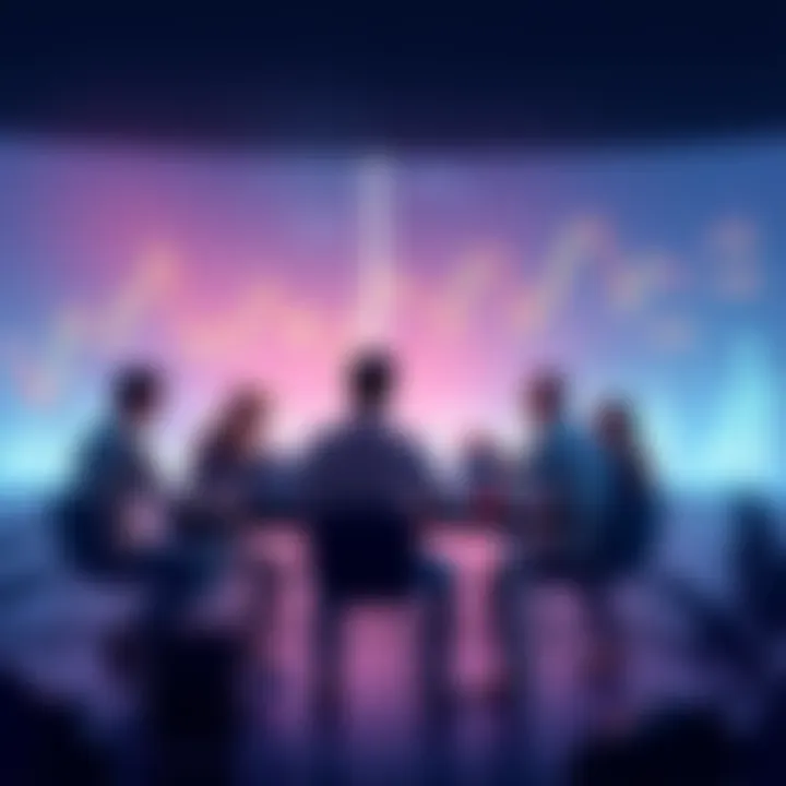 Group of people engaging in cryptocurrency discussions with charts and graphs in the background