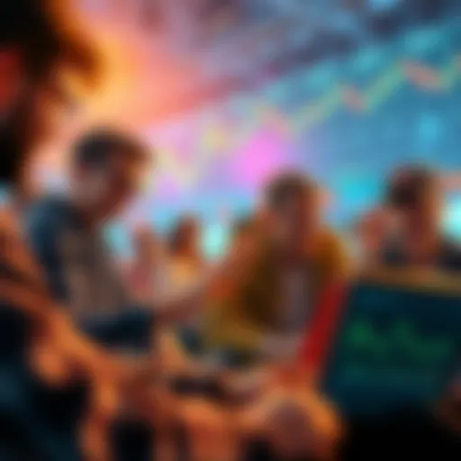 A group of young people excitedly discussing cryptocurrency on their laptops, showing graphs and charts of digital currency fluctuations.